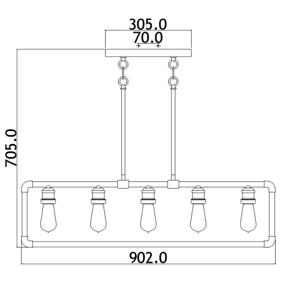 Schéma coté du luminaire avec largeur 902 mm, hauteur 705 mm et base 305 mm.