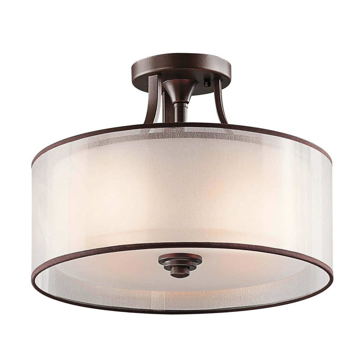 Plafonnier trois lumières vu de face, monture bronze et abat-jour cylindrique clair