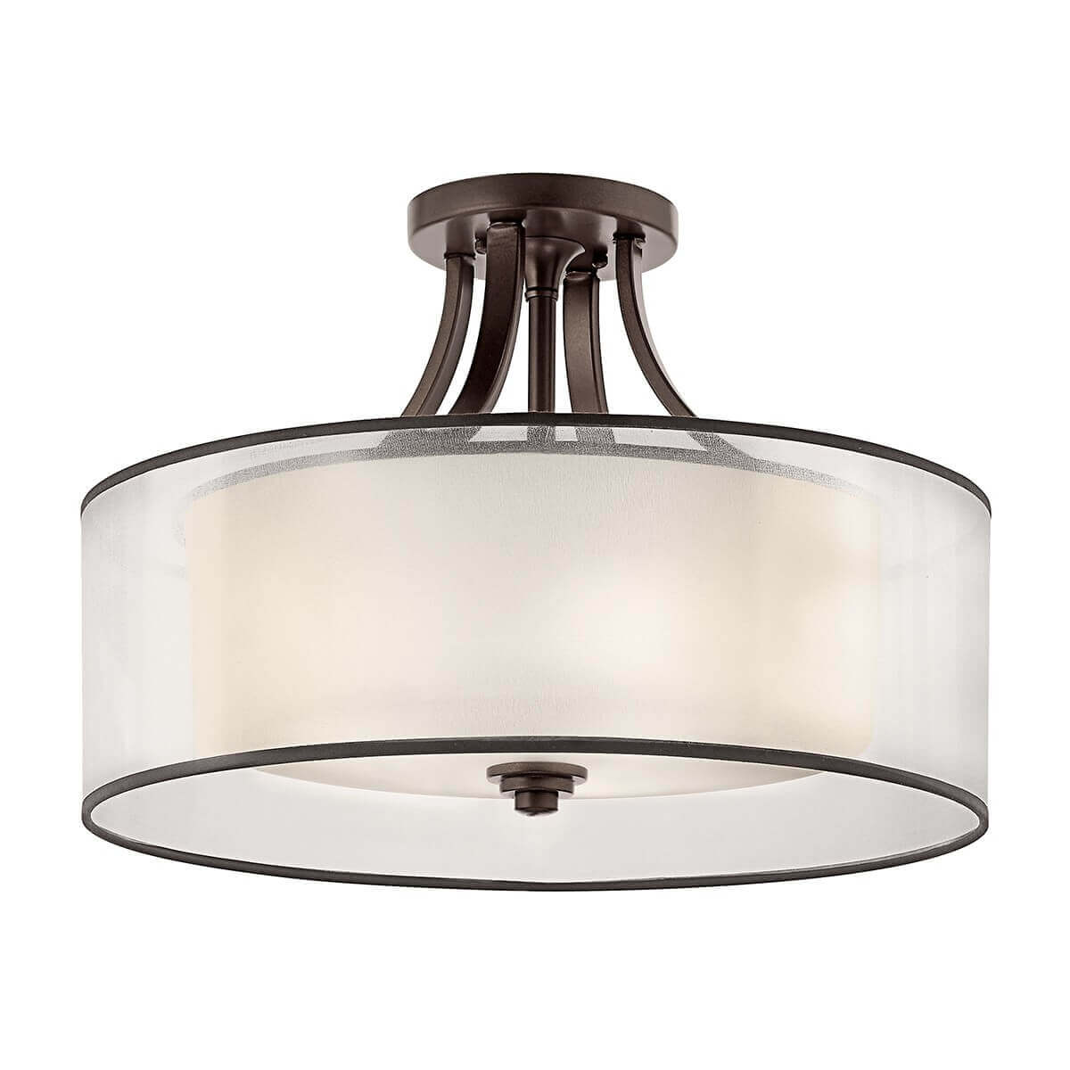 Plafonnier vu de face sur fond blanc, double abat-jour cylindrique bronze et verre