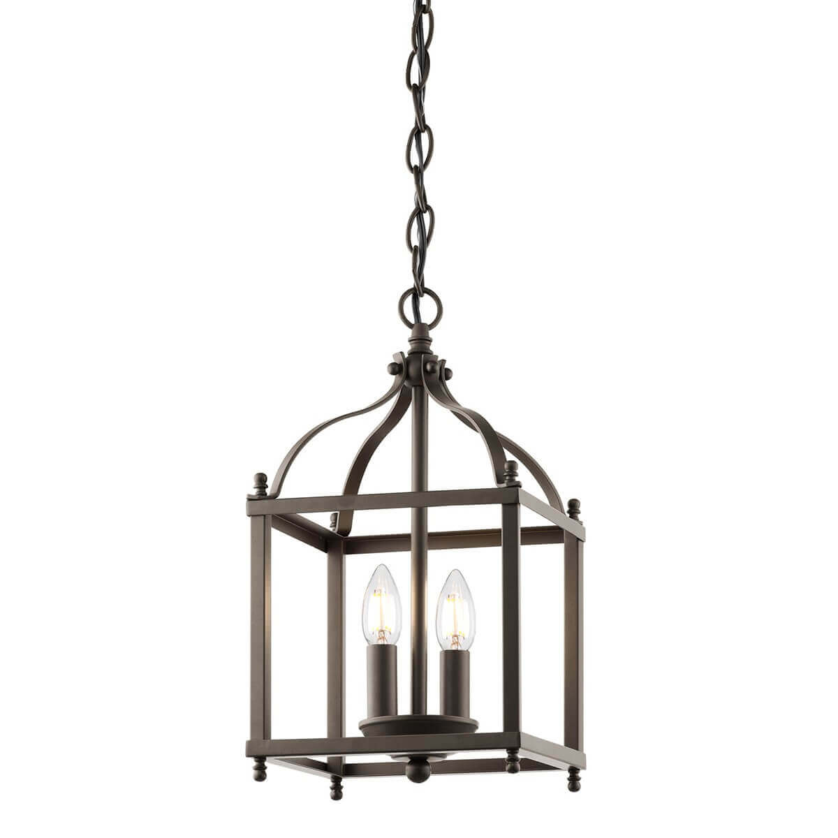 Suspension lanterne en métal bronze avec deux ampoules bougies visibles de face.