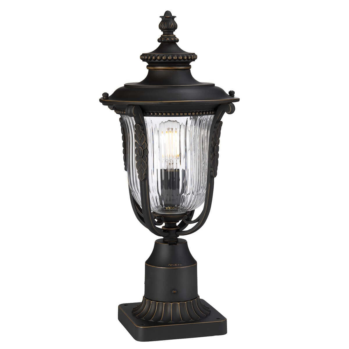 Lampadaire extérieur en bronze et verre strié, présenté de face sur fond blanc.