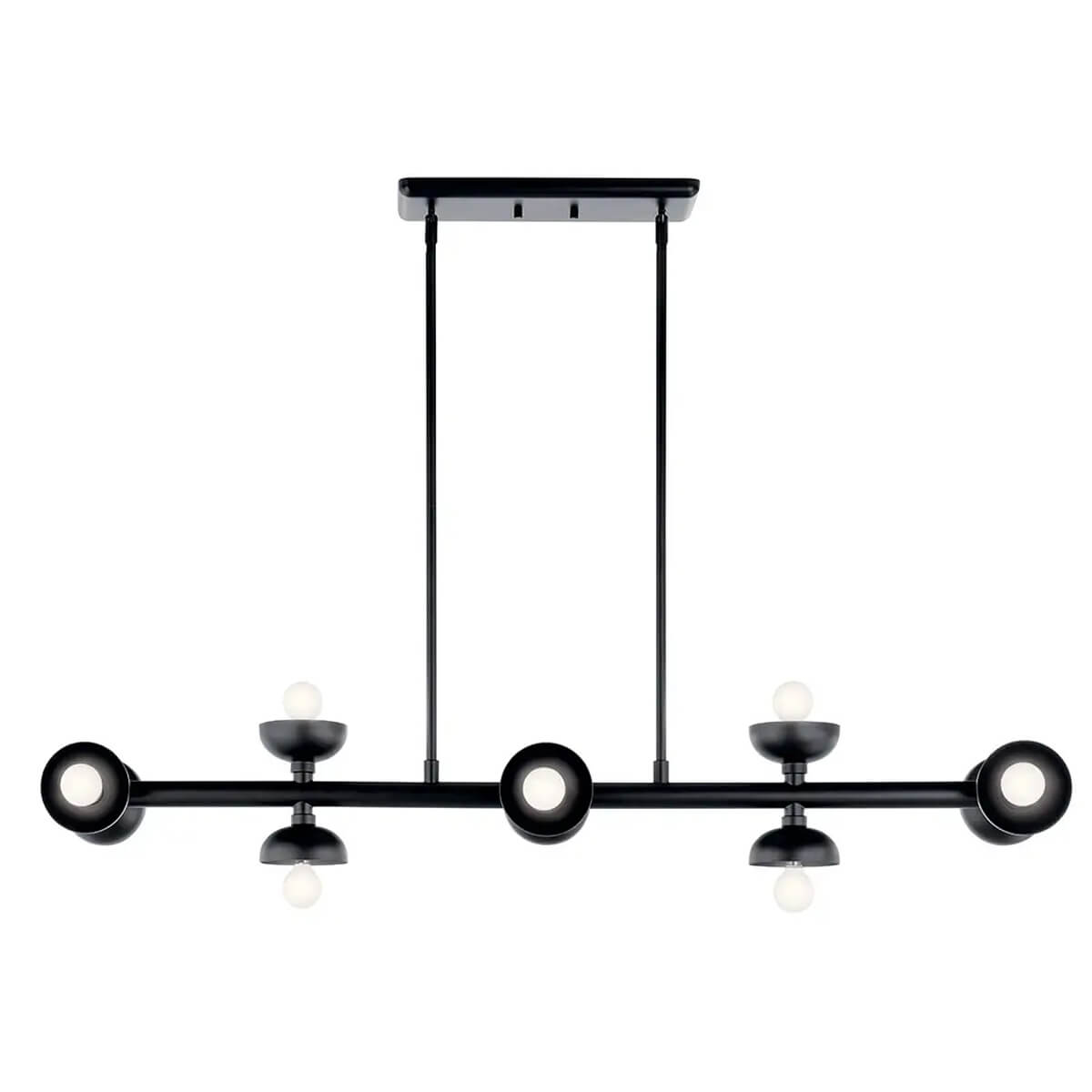 Vue de face du luminaire, longue barre noire et douilles réparties symétriquement