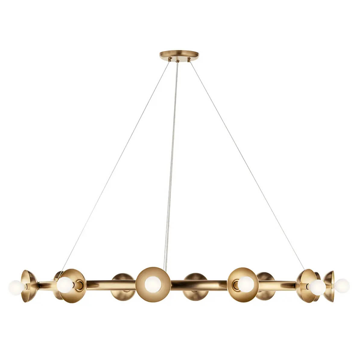 Vue de face du luminaire : anneau doré et neuf ampoules sphériques alignées