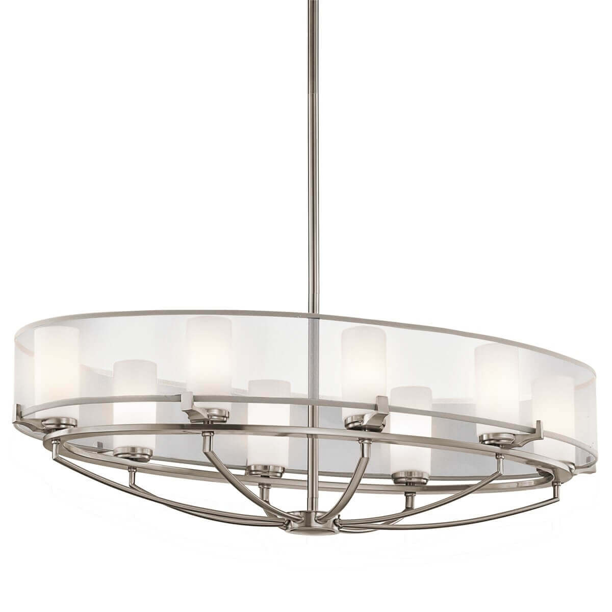 Lustre rond suspendu avec huit abat-jours cylindriques en verre et structure argentée.