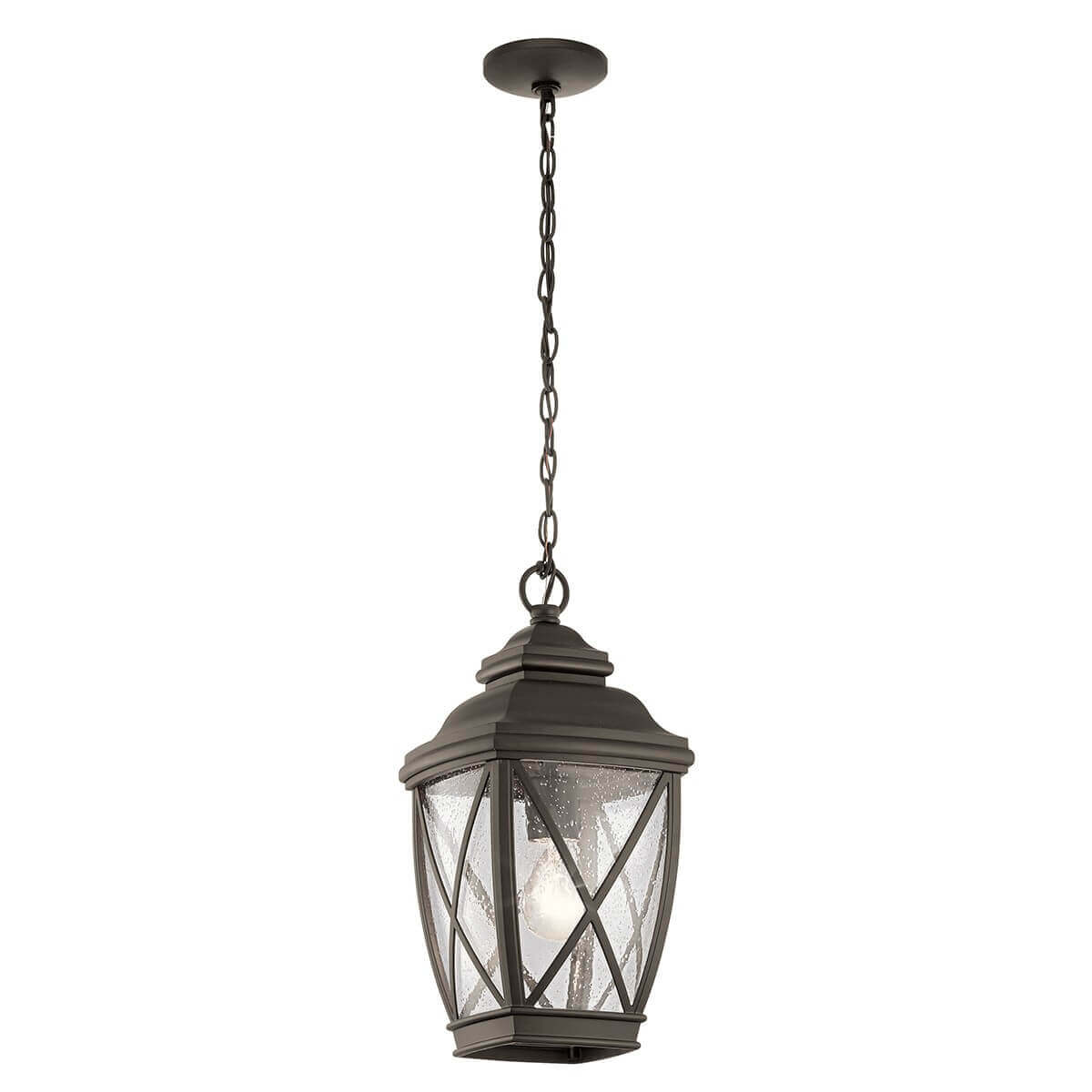 Vue d'ensemble de la suspension extérieure avec sa chaîne et son verre granité.