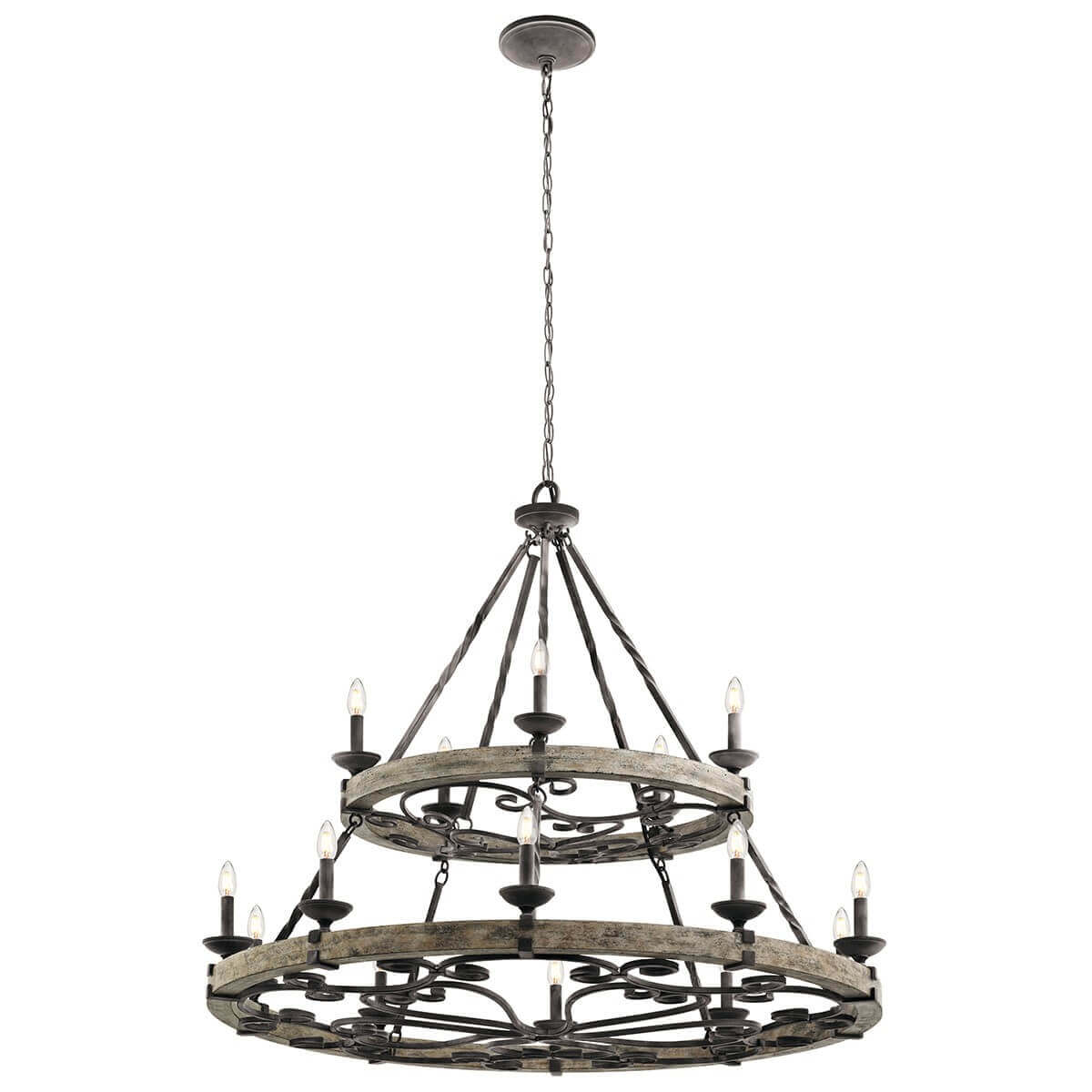 Lustre suspendu à deux cercles en bois grisé et quinze lumières, vue de face.