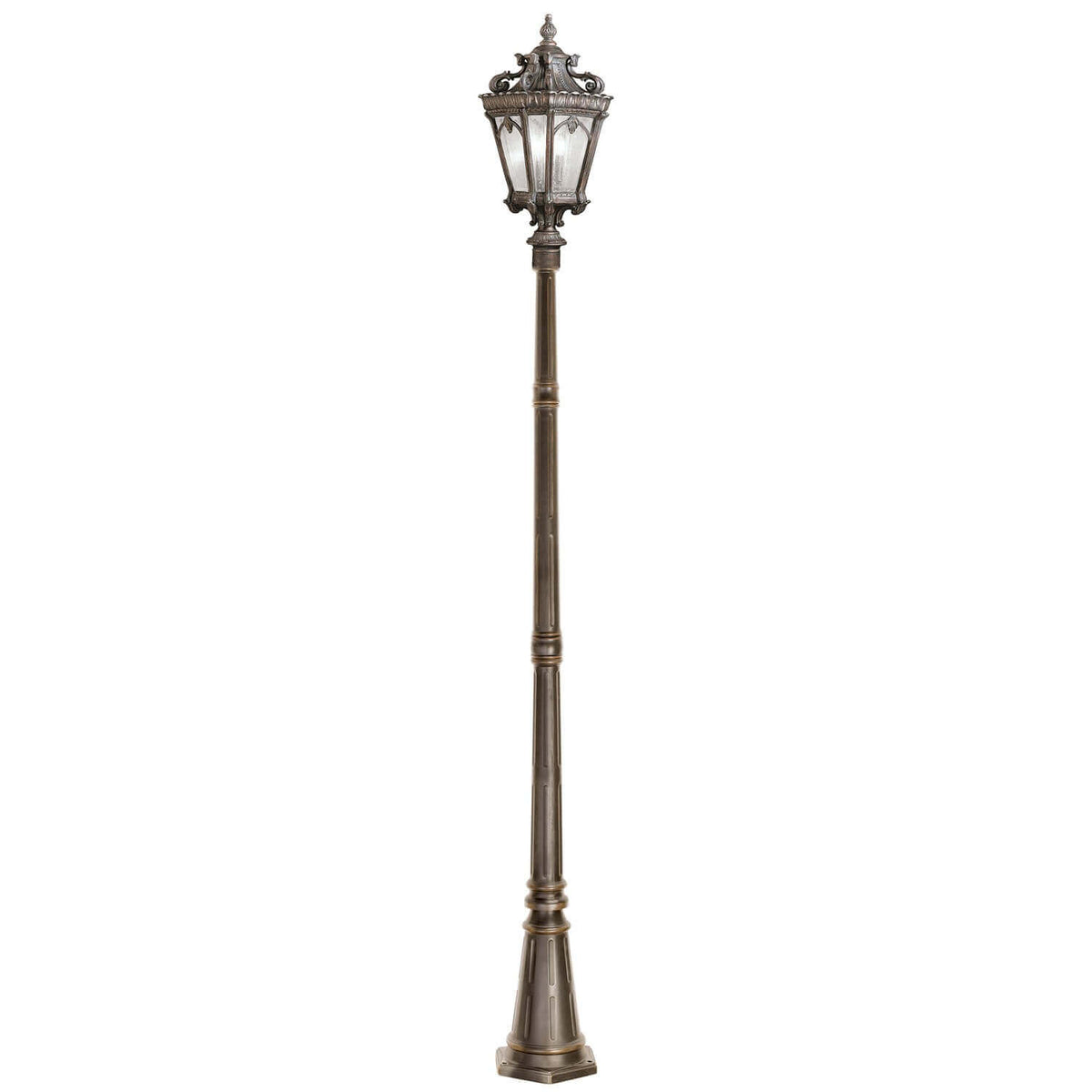 Lampadaire extérieur complet de face, sur fond blanc, avec lanterne et pied.