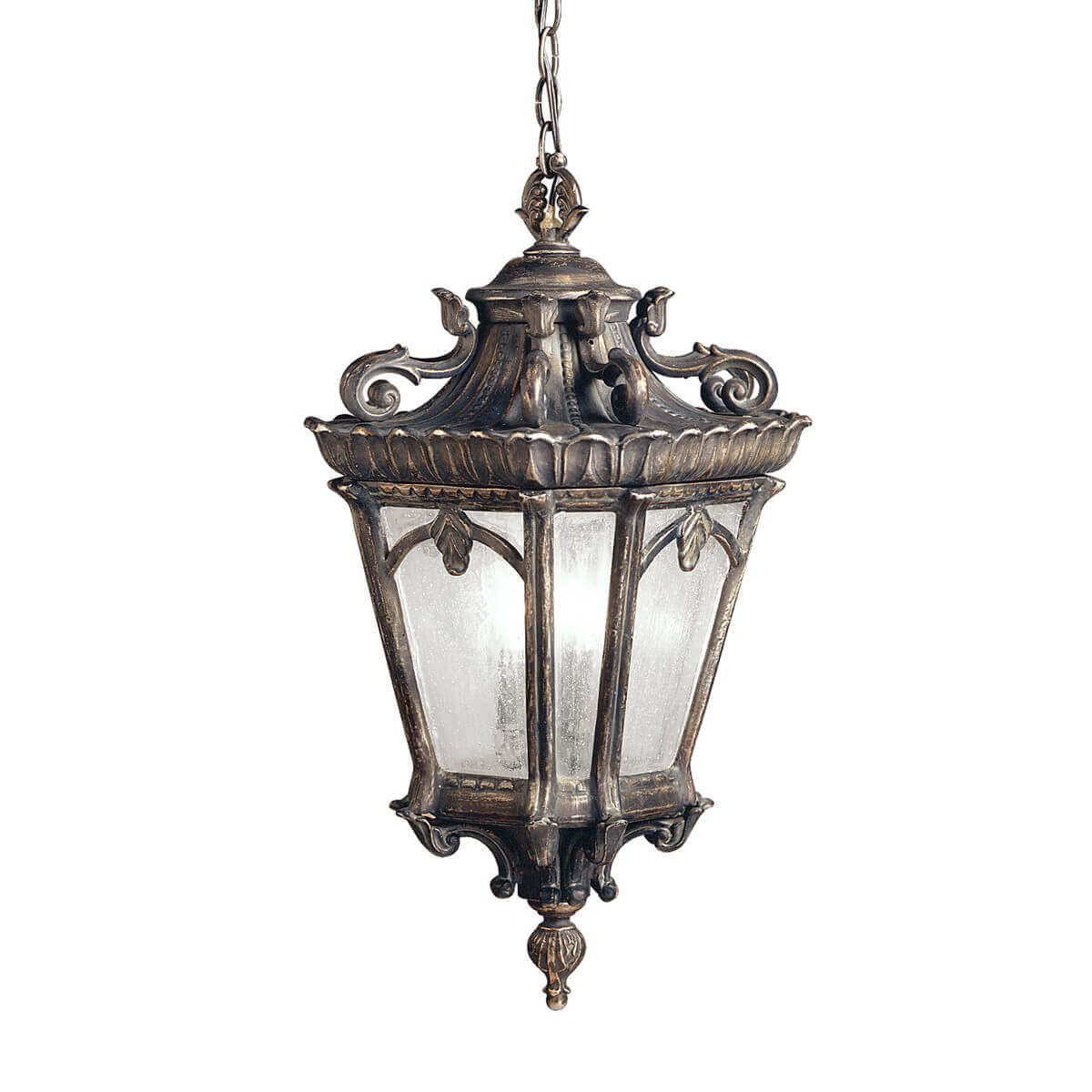 Suspension extérieure en métal bronze à quatre lumières, vue de face sur fond blanc.