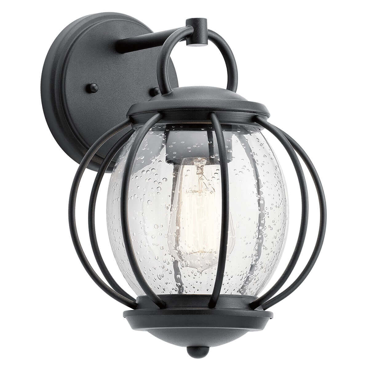Applique extérieure noire vue de face, globe en verre moucheté dans une cage