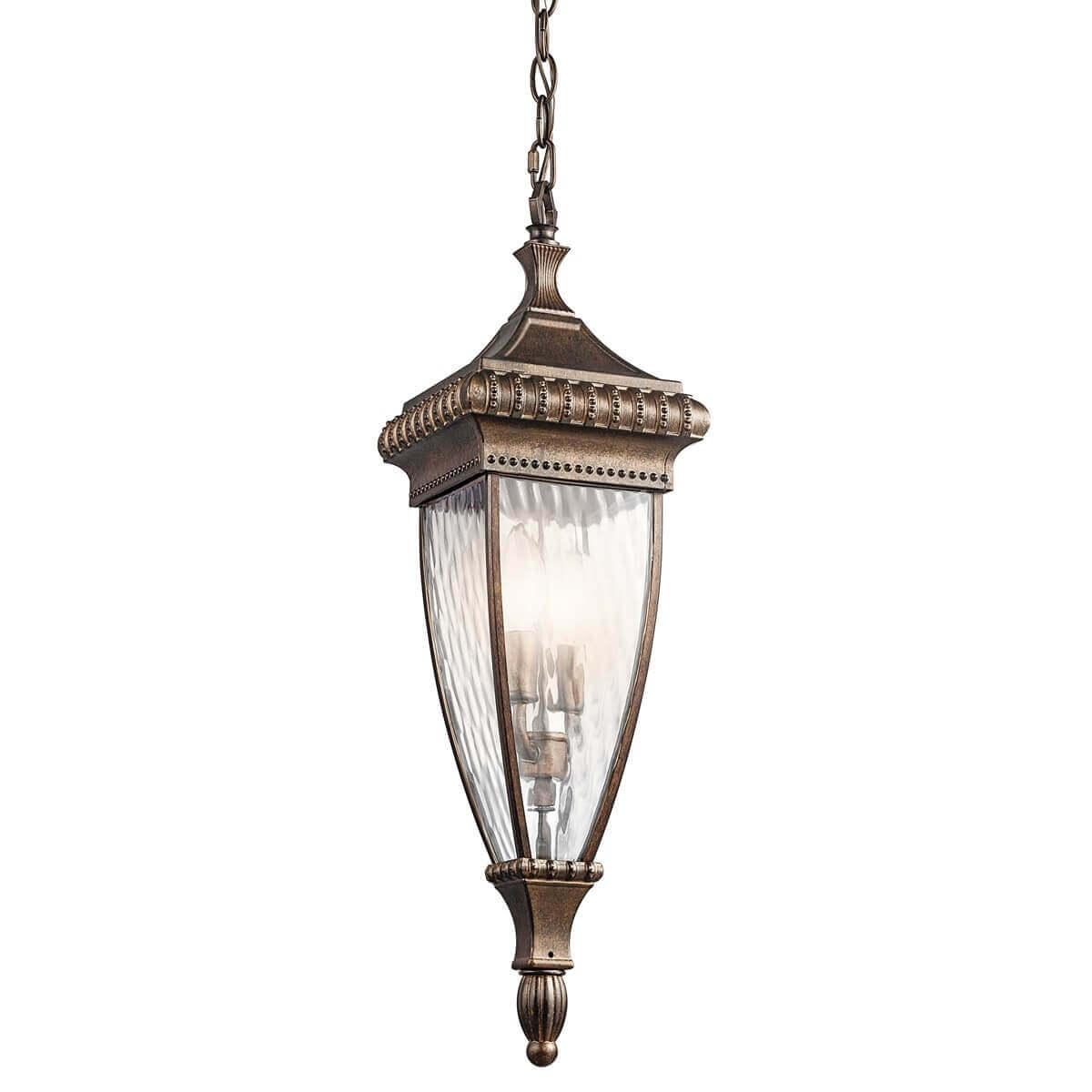 Suspension extérieure complète en bronze avec chaîne, lanterne en verre à deux ampoules.