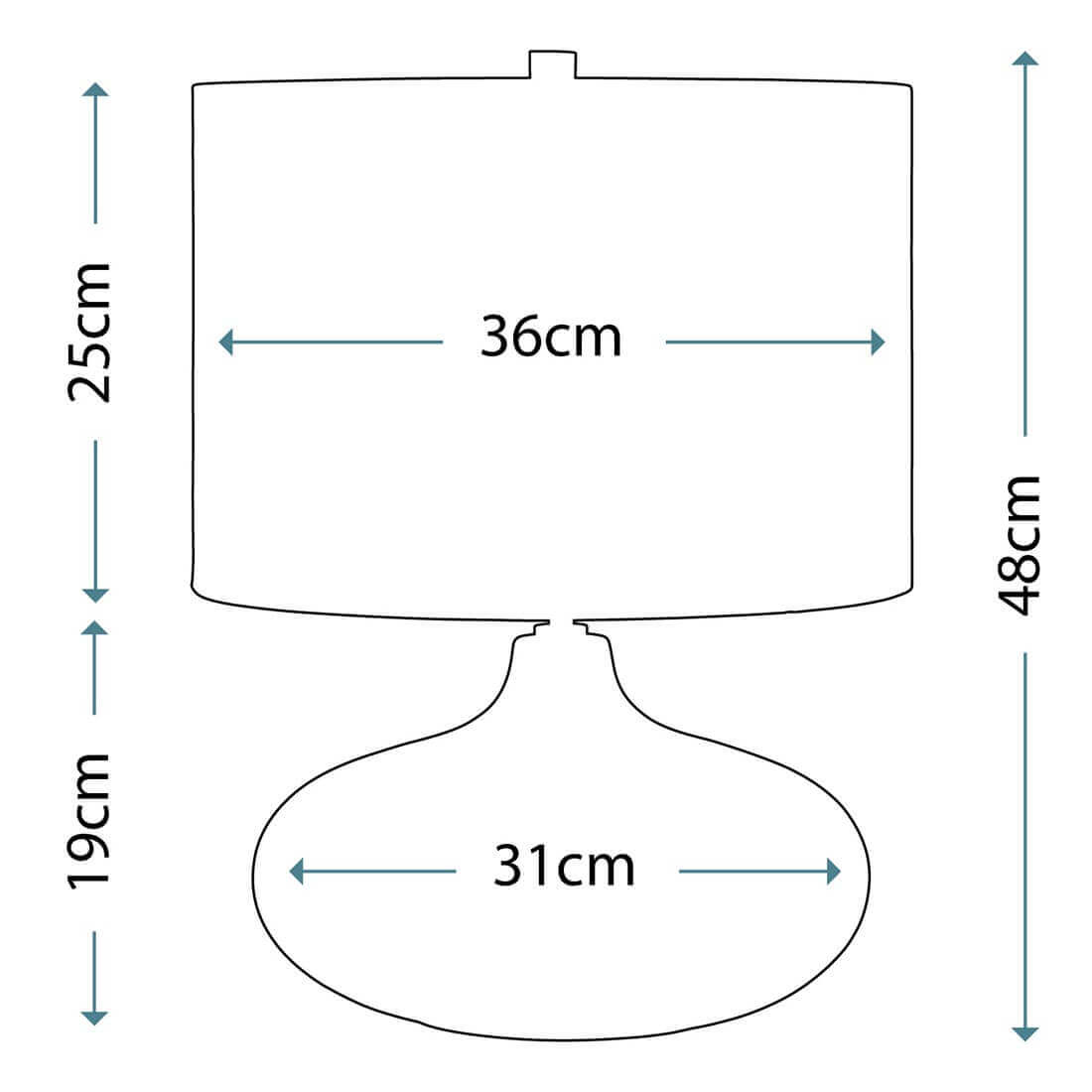 Schéma coté indiquant 48 cm de hauteur, 36 cm d'abat-jour et 31 cm de base