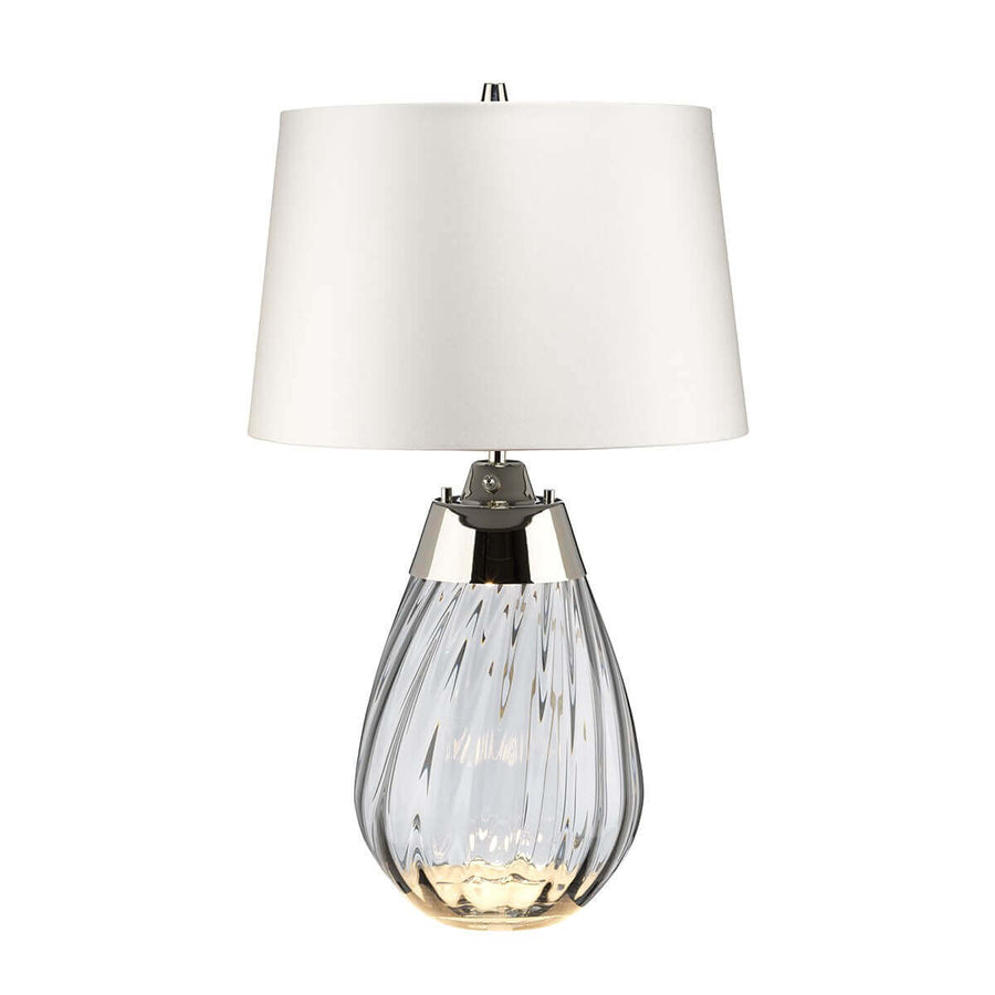 Lampe à poser de face, abat-jour blanc et base en verre fumé strié