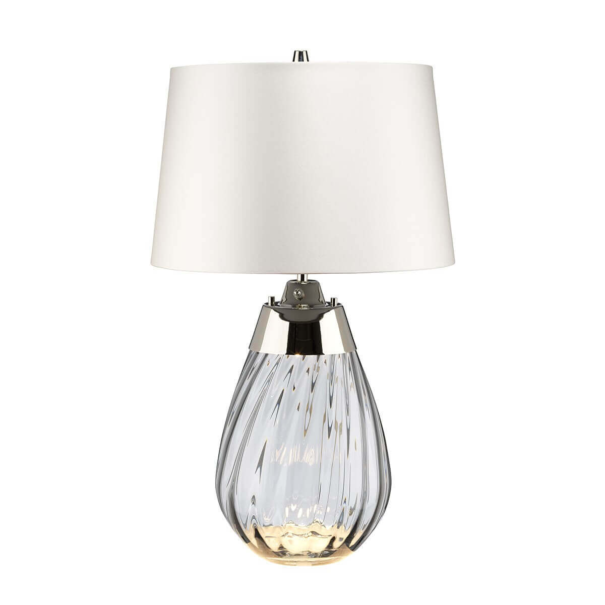 Lampe à poser de face, abat-jour blanc et base en verre fumé strié