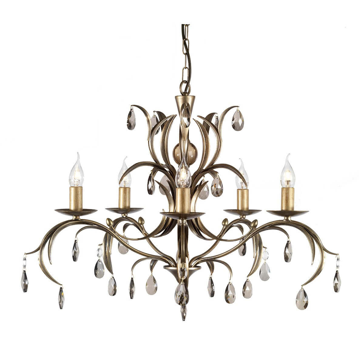 Lustre cinq lumières vu de face, structure bronze et pampilles de verre