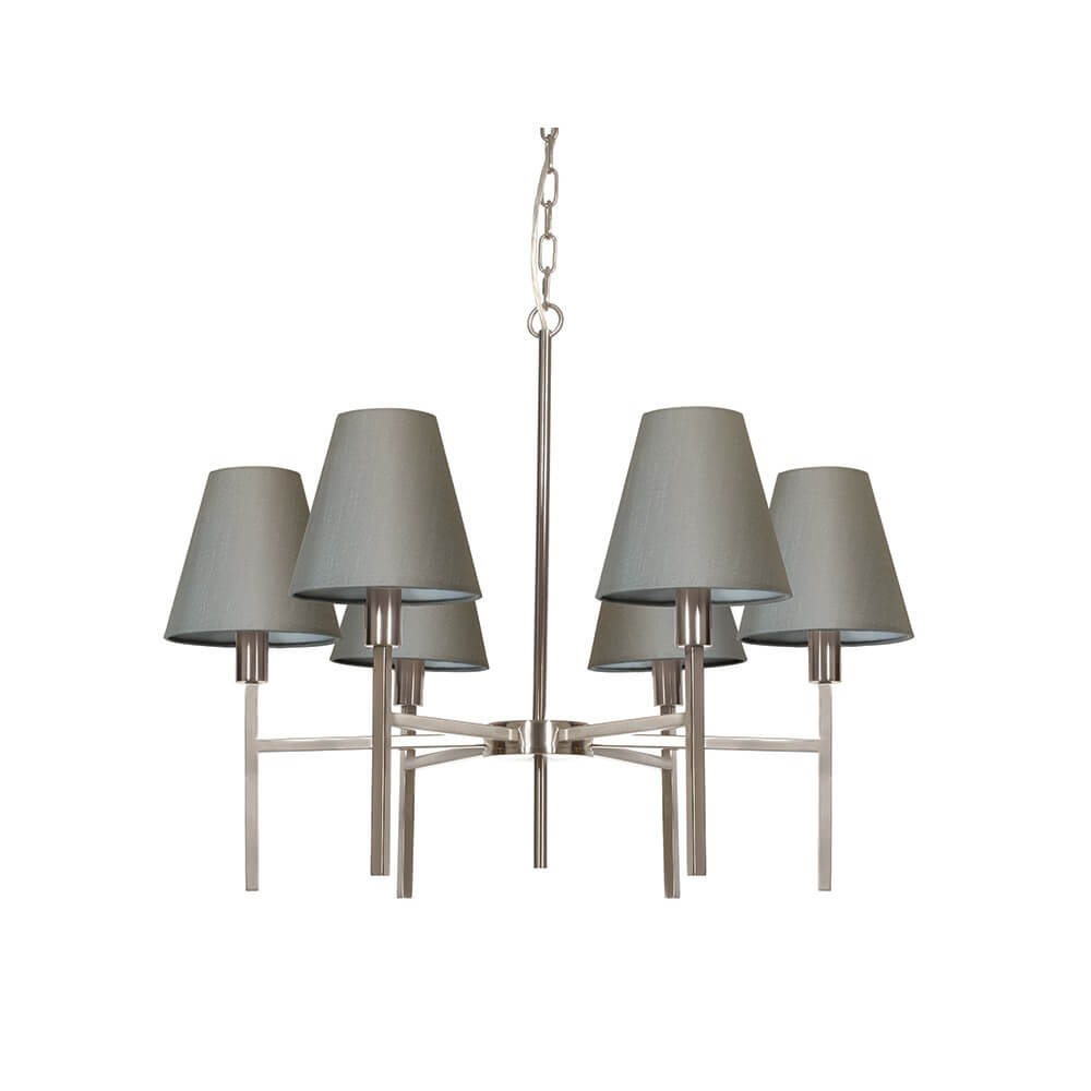 Lustre six lumières vu de face, monture nickel satiné et abat-jours gris