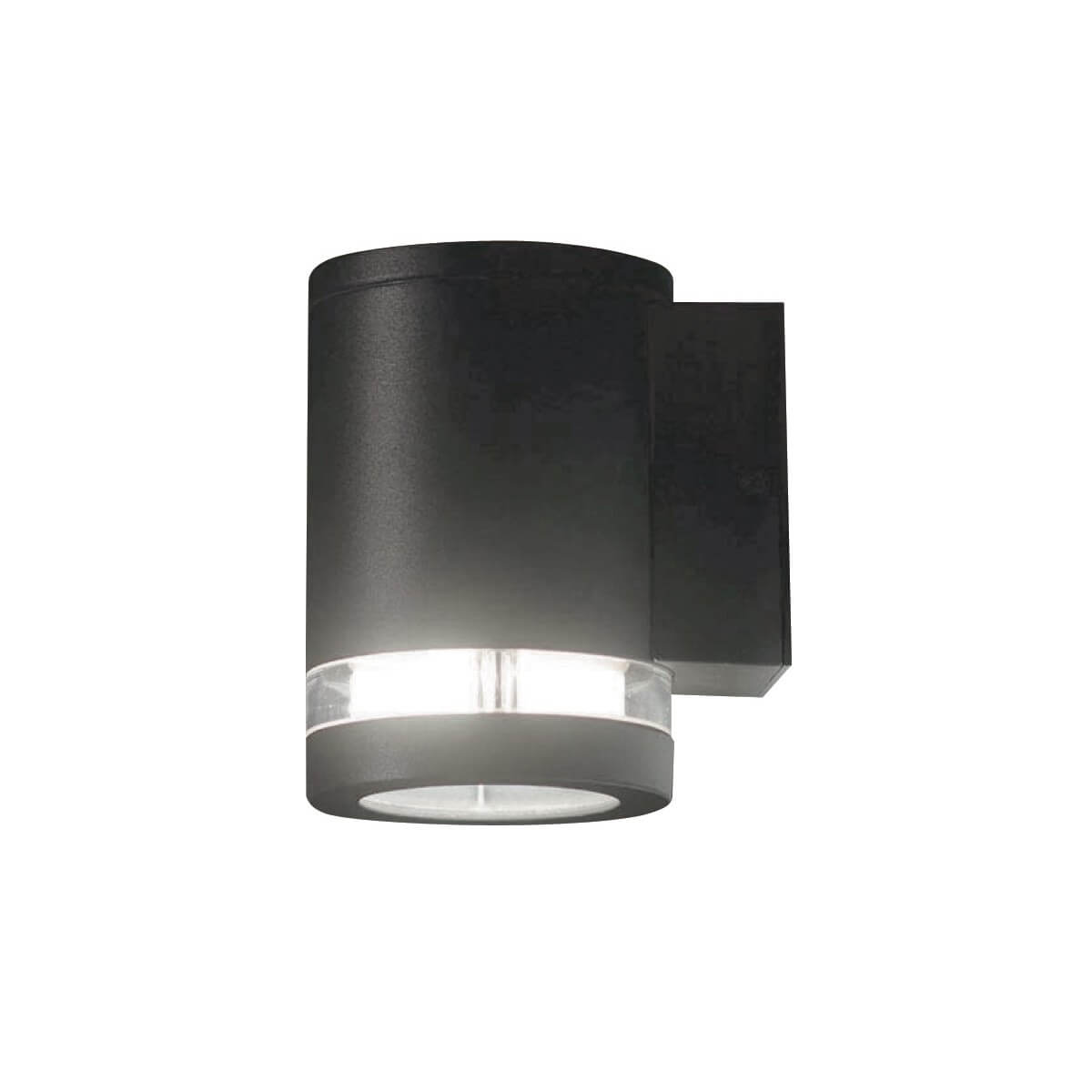 Vue de face sur fond blanc, applique cylindrique anthracite avec diffuseur bas éclairé.