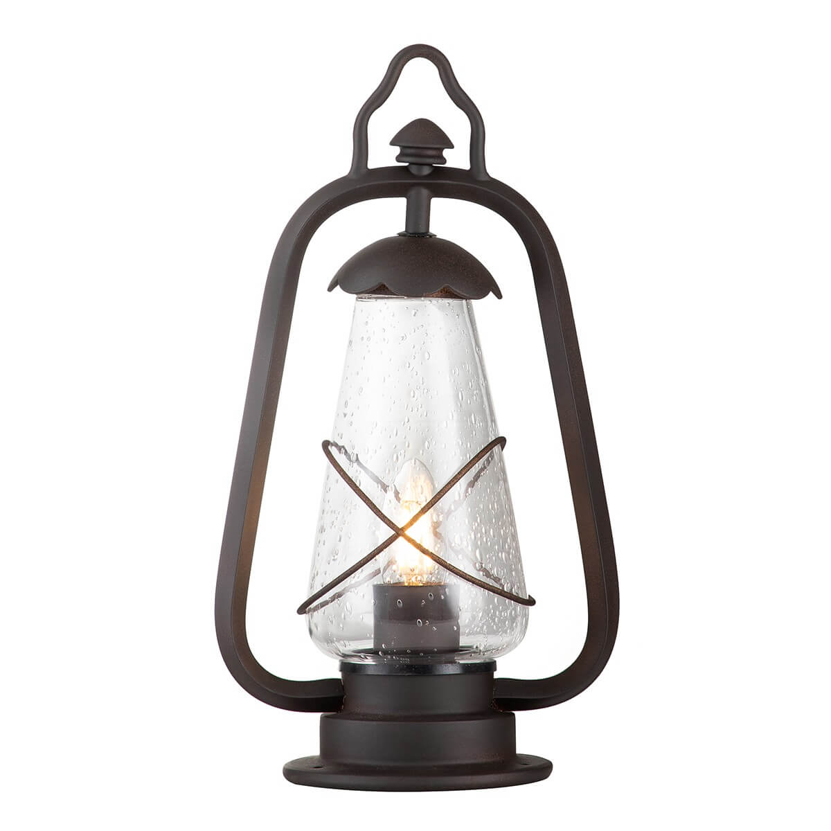 Vue de face du lampadaire lanterne en bronze, ampoule allumée sous verre moucheté