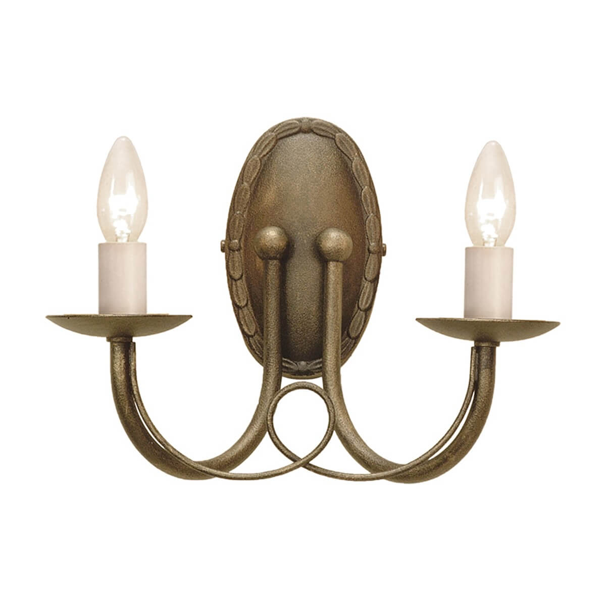 Applique murale deux lumières, face avant, douilles blanches, ampoules flamme et finition bronze doré patiné.
