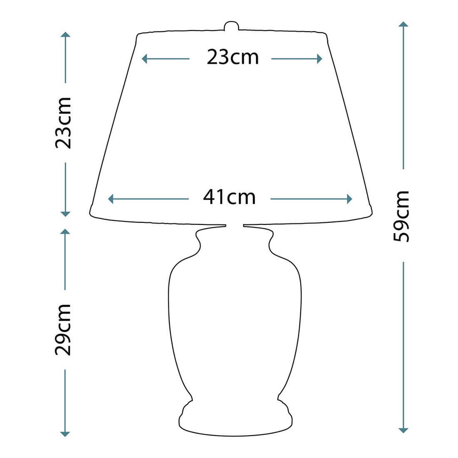 Schéma coté de la lampe indiquant hauteur totale 59 cm et dimensions de l'abat-jour