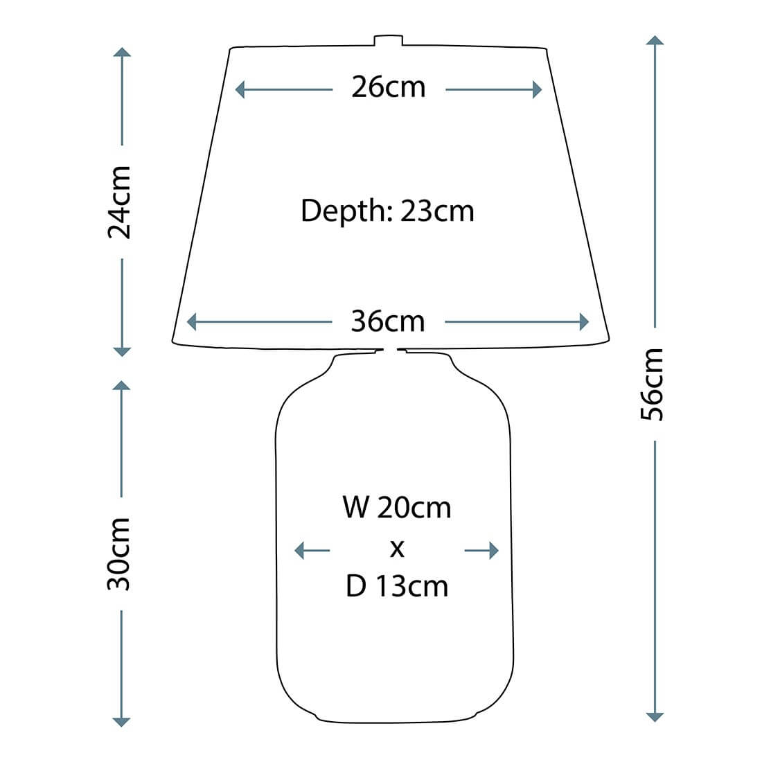 Schéma coté de la lampe avec dimensions du socle, de l'abat-jour et hauteur totale