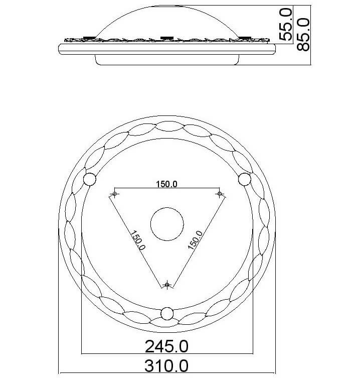 Schéma technique coté du plafonnier, diamètre 310 mm et hauteur 85 mm