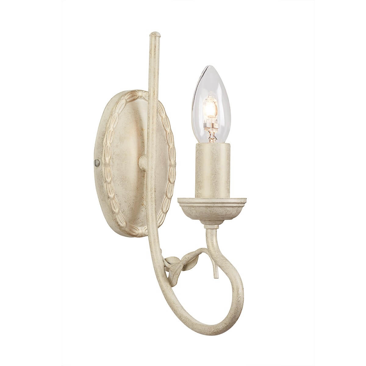 Applique murale crème vue de profil avec ampoule bougie allumée sur fond blanc