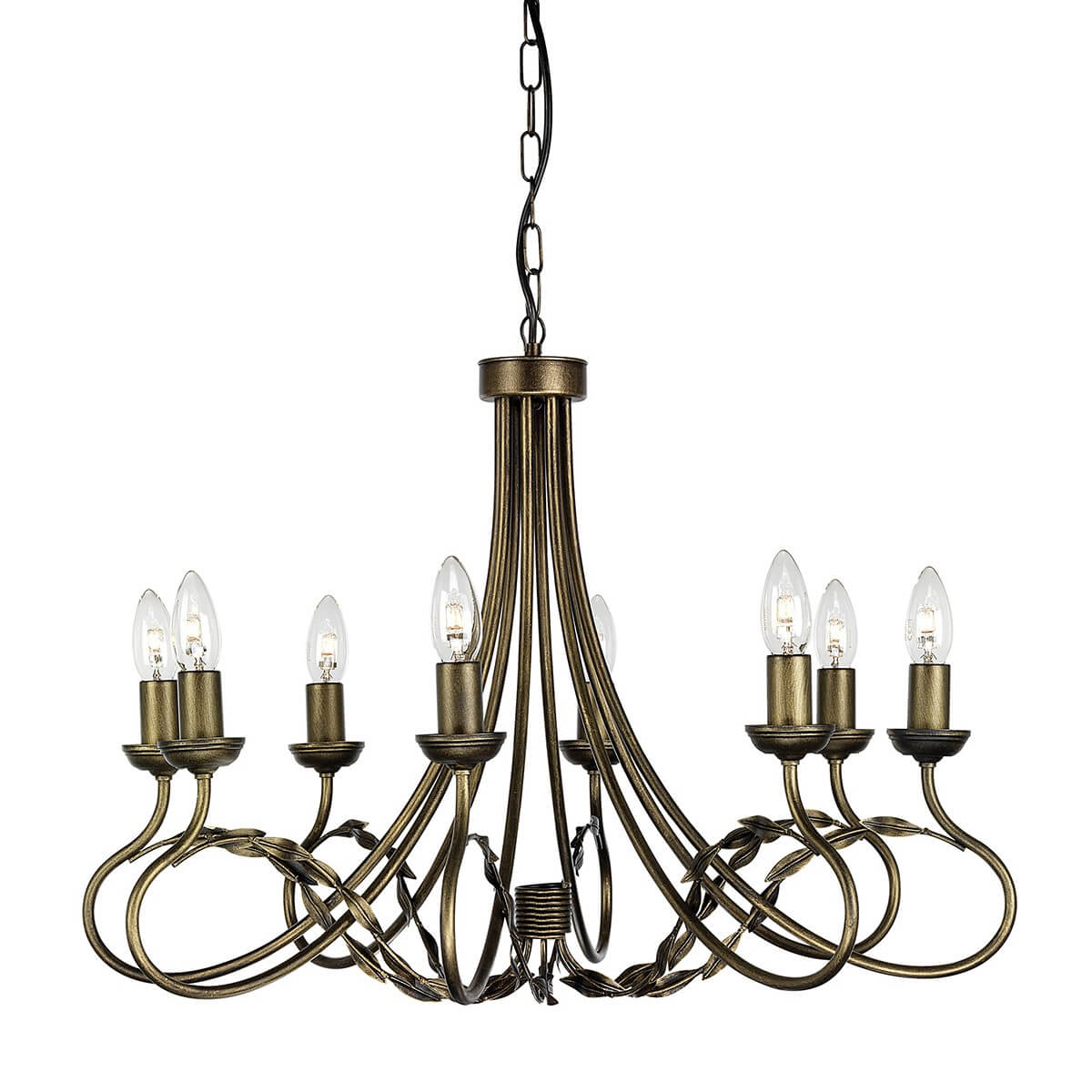 Lustre huit lumières vu de face, structure noire et dorée avec bras recourbés