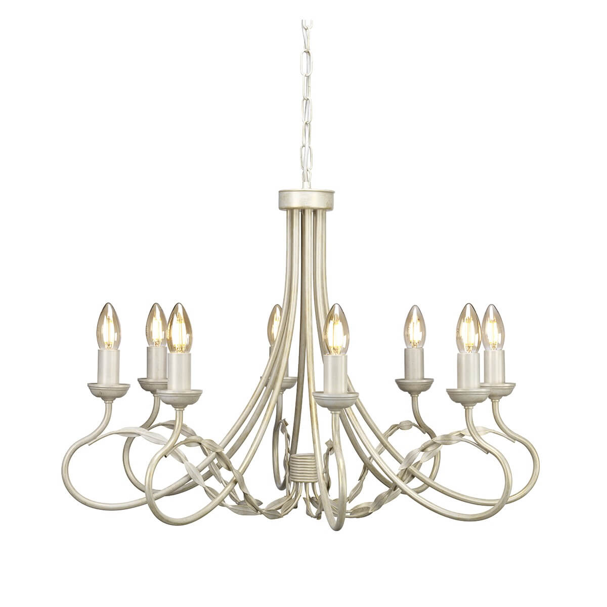 Lustre huit lumières crème et doré, bras courbes et feuilles décoratives