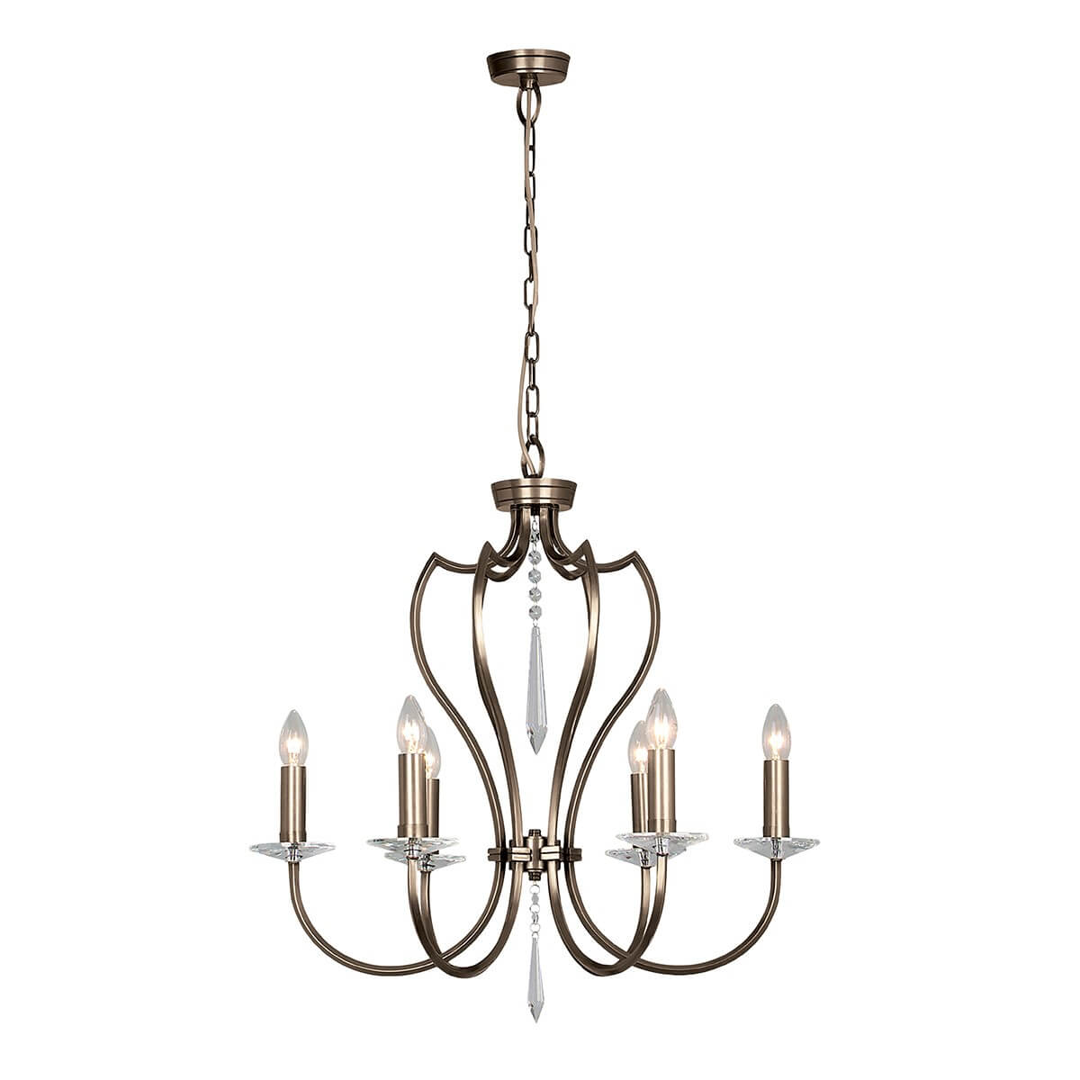 Lustre six lumières en bronze avec bras courbes et pendentifs en cristal, vue de face