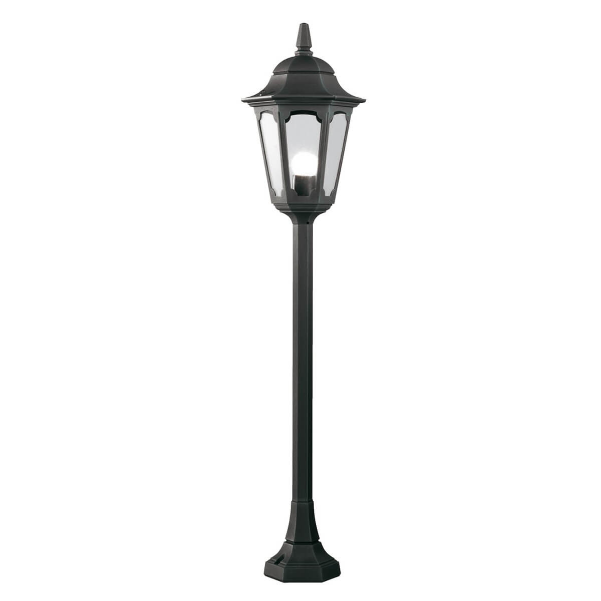 Vue de face du lampadaire noir avec lanterne vitrée et culot visible