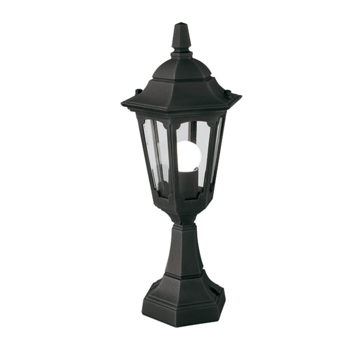 Lampadaire extérieur noir de face sur fond blanc, ampoule allumée visible