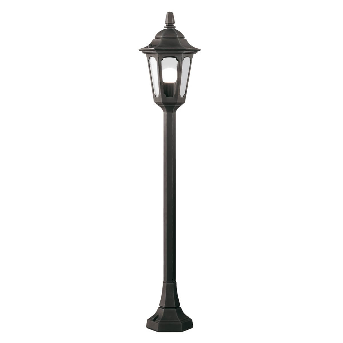 Lampadaire extérieur noir de face, lanterne en verre sur fond blanc