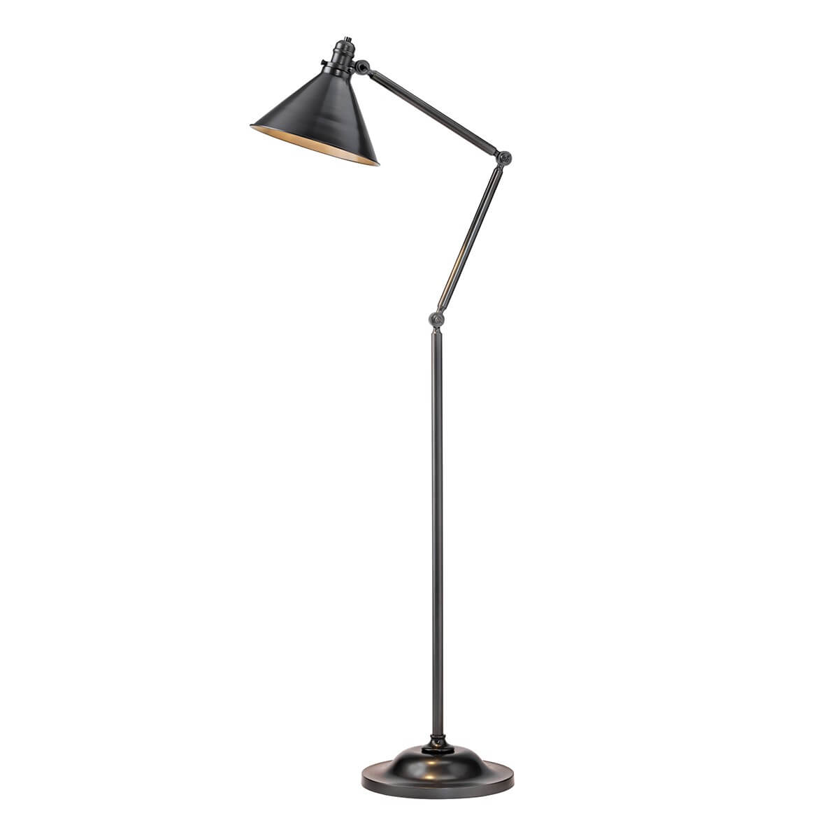 Lampadaire noir articulé vu de profil, abat-jour conique orienté vers le bas.
