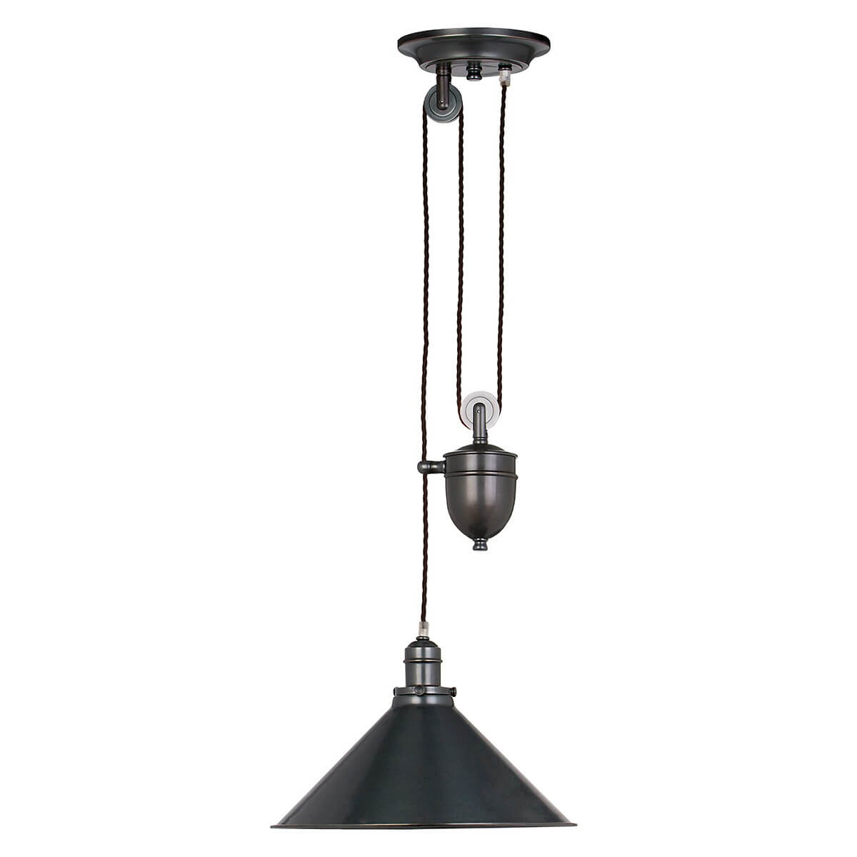 Suspension complète vue de face avec poulie, contrepoids et abat-jour conique bronze