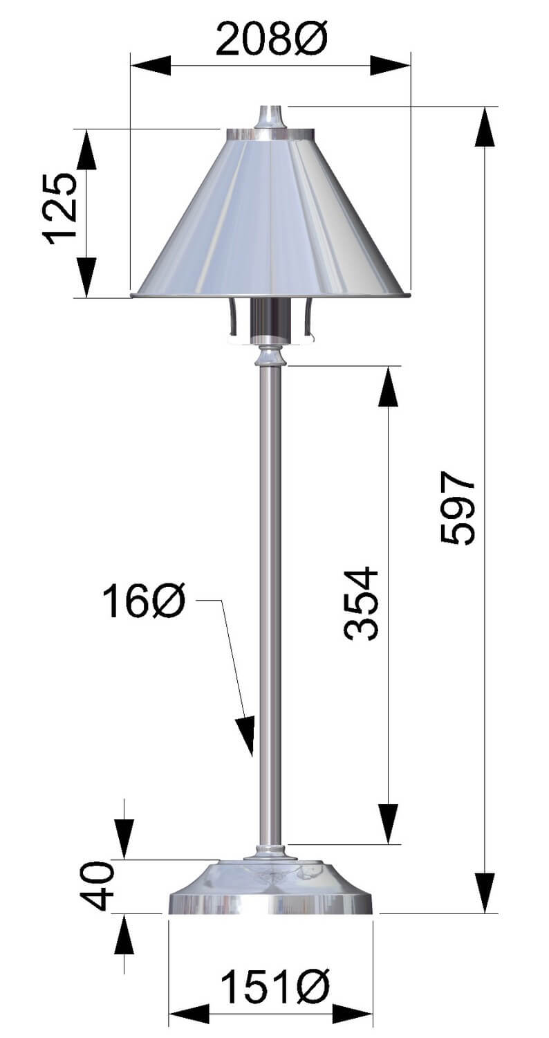 Schéma de dimensions de la lampe : hauteur, diamètres abat-jour et base.