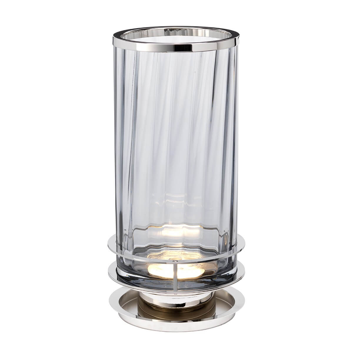 Lampe à poser de face, cylindre en verre fumé et socle en nickel poli, allumée