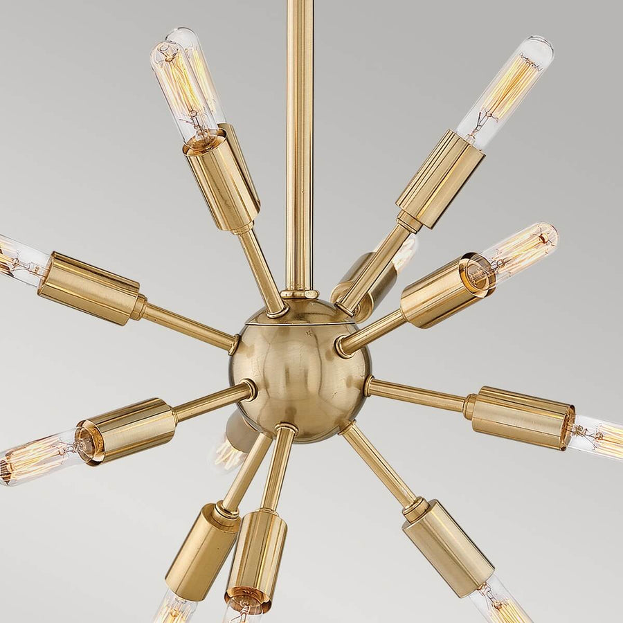 Détail du centre en laiton avec douilles rayonnantes et ampoules à filament transparentes