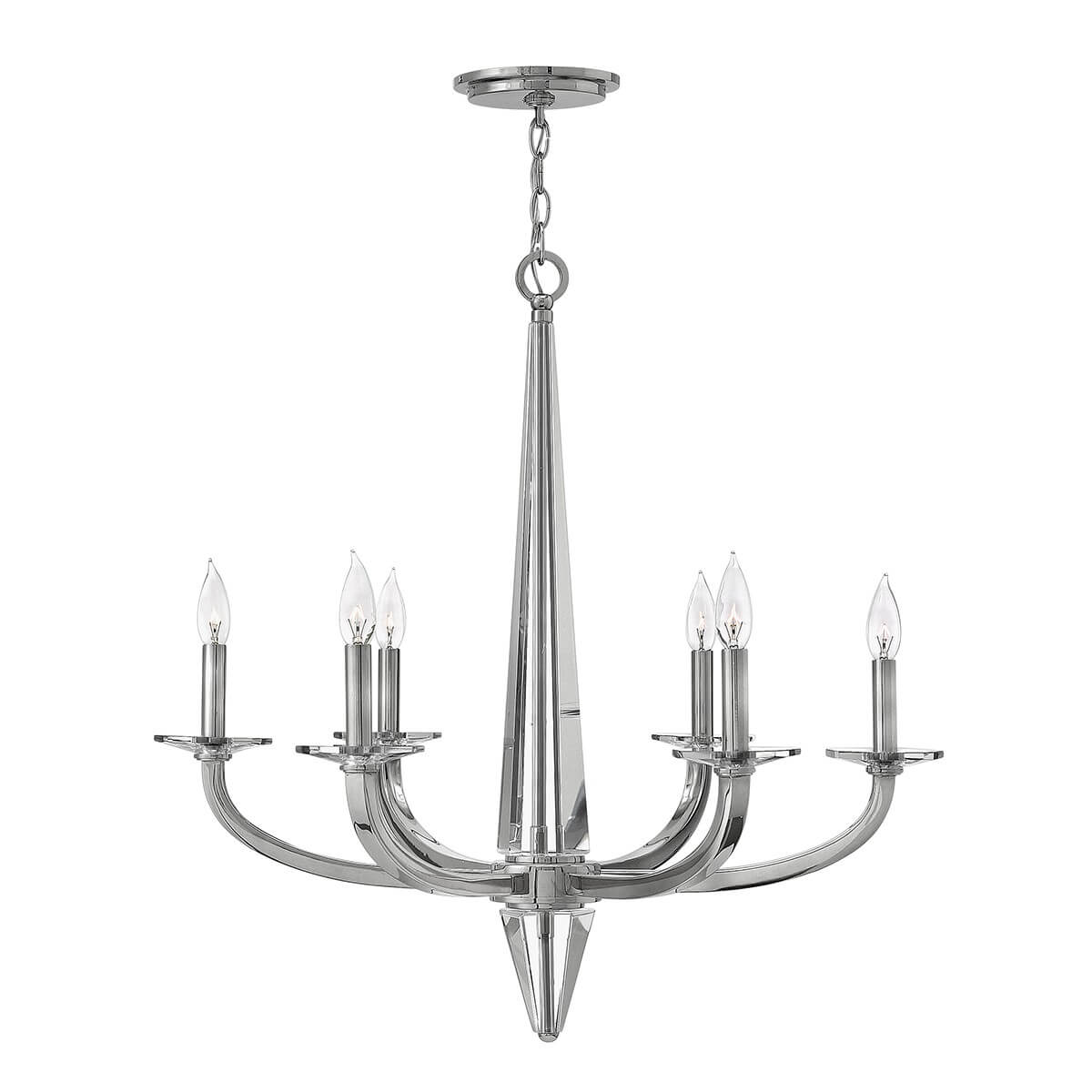 Lustre six lumières vu de face, structure en nickel poli et bras courbés