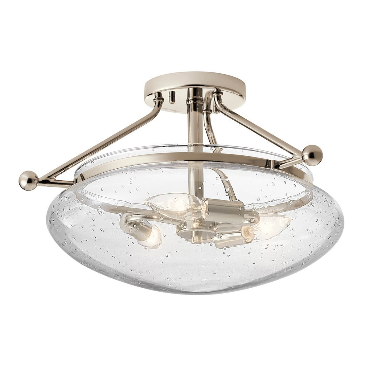 Plafonnier trois lumières vu de face, verre transparent bullé et monture nickel poli
