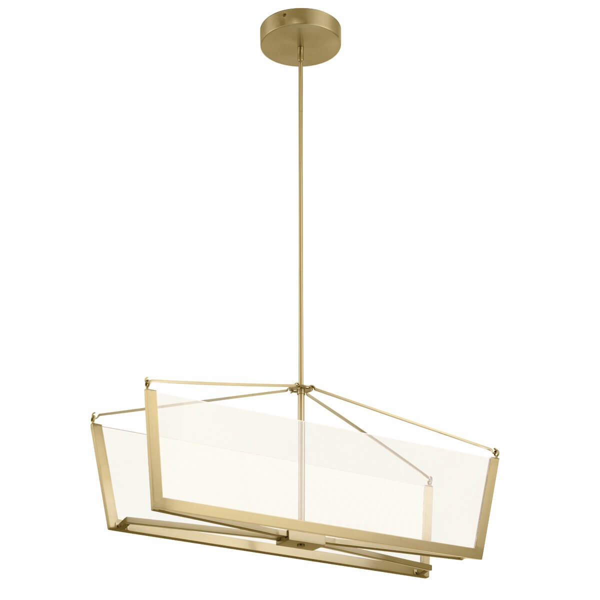 Lustre doré suspendu avec abat-jour rectangulaire en tissu blanc, vu de face.