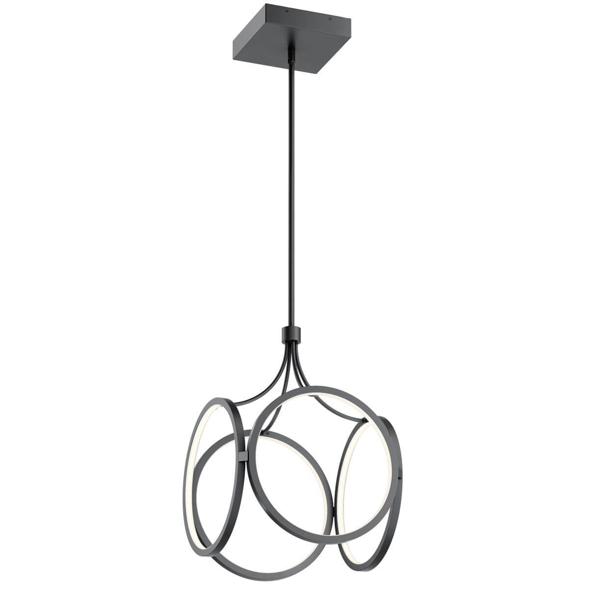 Suspension noire mate à trois anneaux avec diffuseur blanc, vue de face.
