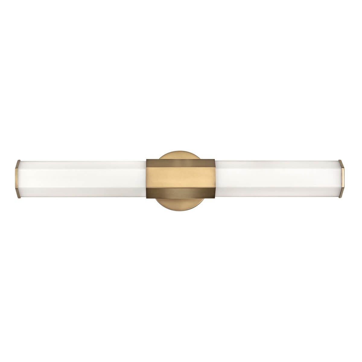 Applique murale en laiton et verre opalin, vue de face sur fond blanc, double tube horizontal