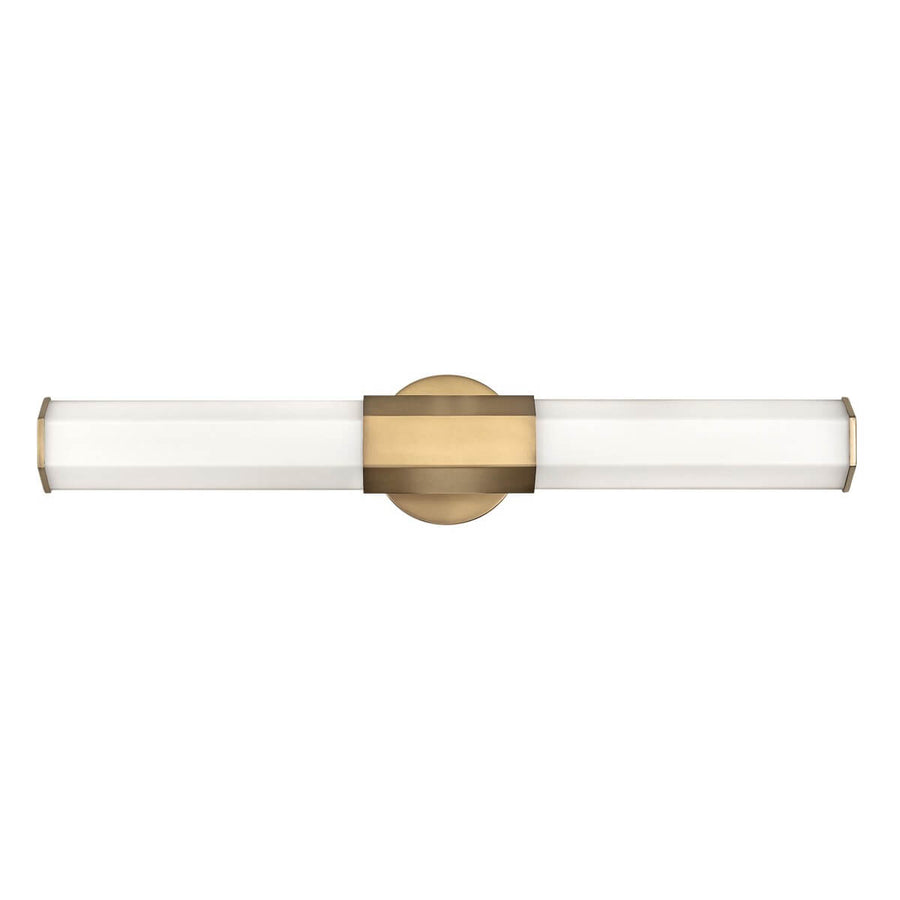 Applique murale en laiton et verre opalin, vue de face sur fond blanc, double tube horizontal