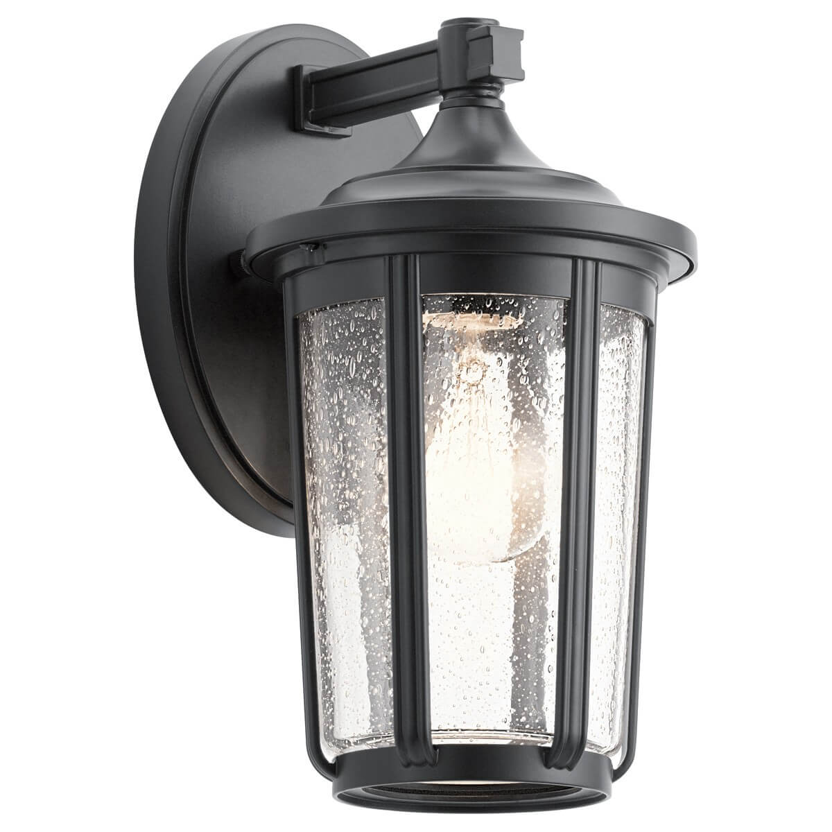 Applique extérieure noire de face, verre moucheté et ampoule visible au centre