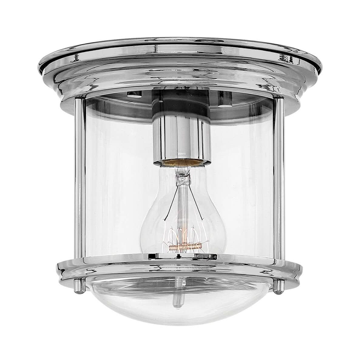 Plafonnier chromé de face, verre transparent cylindrique et ampoule visible à l'intérieur