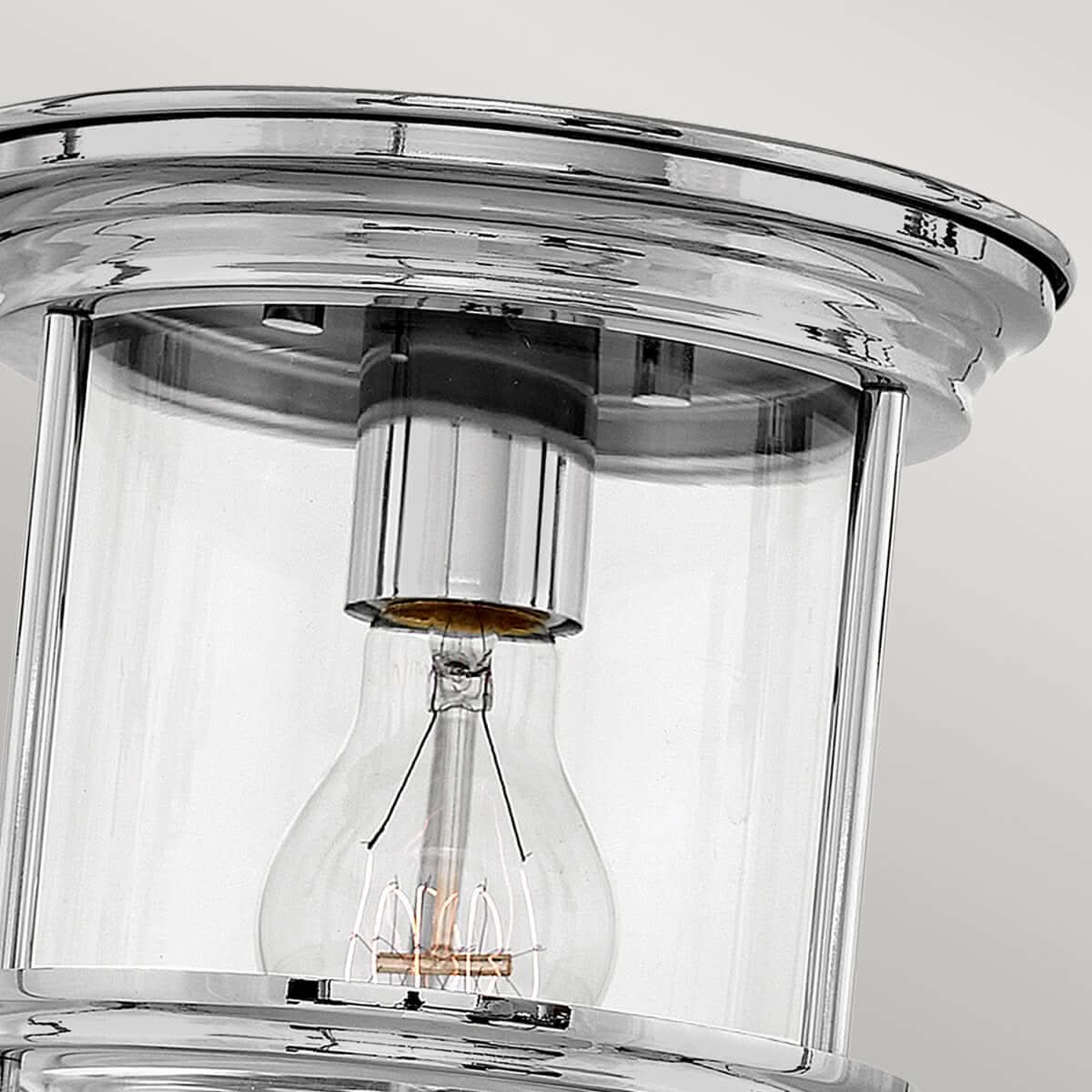 Détail du support central chromé, de la douille et de l'ampoule à filament sous le verre