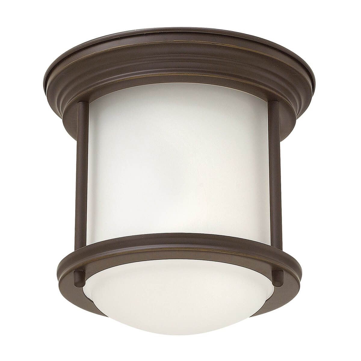 Plafonnier cylindrique en métal bronze et verre opalin blanc, vue de face