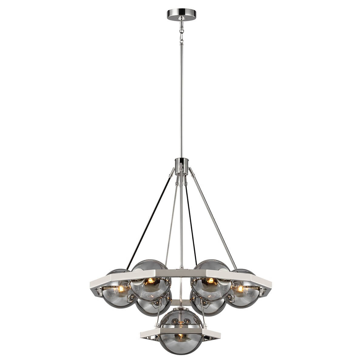 Lustre sept lumières en nickel poli suspendu, globes de verre fumé, vue de face