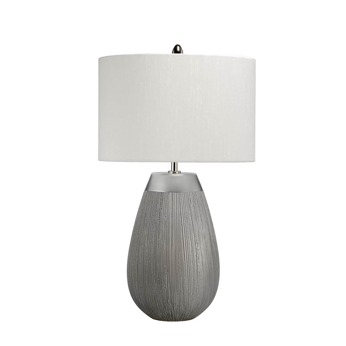 Lampe à poser de face sur fond blanc, abat-jour tambour et base céramique grise