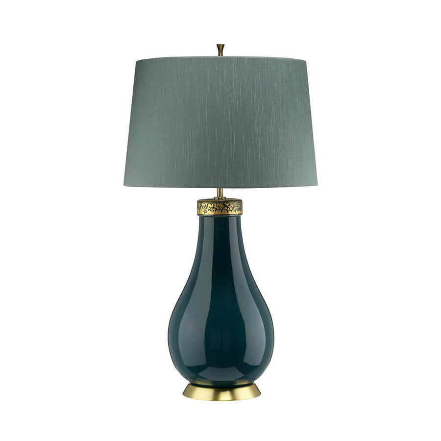 Vue de face du luminaire entier, abat-jour tronconique et base céramique bleu canard